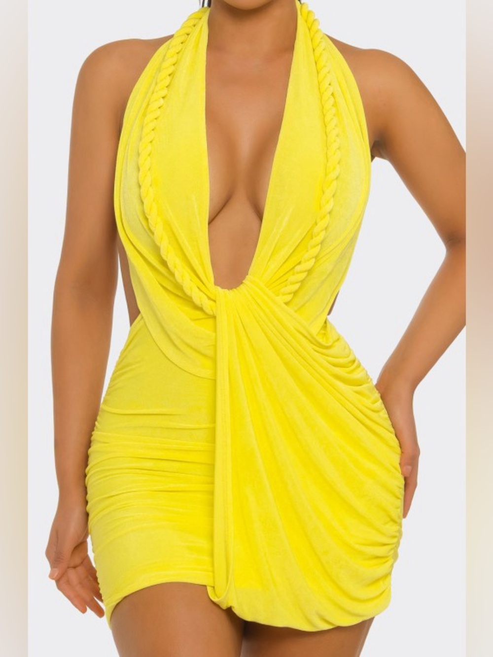 Braided Trim Yellow Halter Plunge Mini Dress - Women's